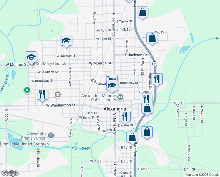 map of restaurants, bars, coffee shops, grocery stores, and more near 110 West John Street in Alexandria