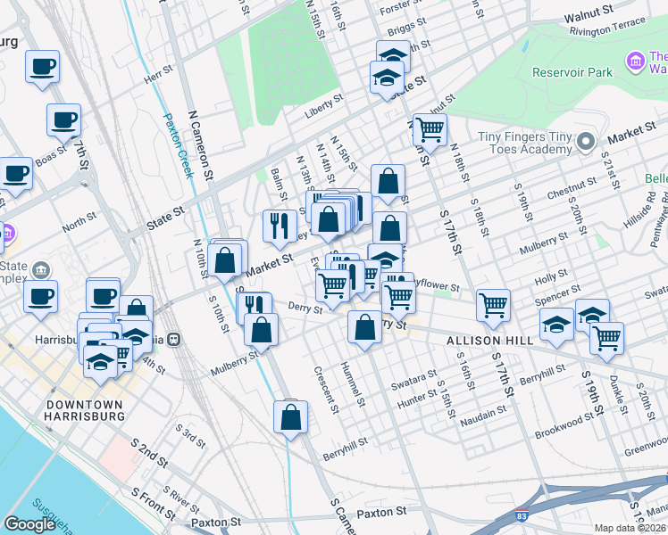 map of restaurants, bars, coffee shops, grocery stores, and more near 30 South 13th Street in Harrisburg