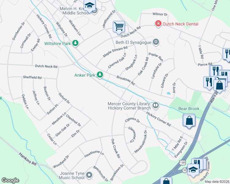 map of restaurants, bars, coffee shops, grocery stores, and more near 172 Hickory Corner Road in East Windsor