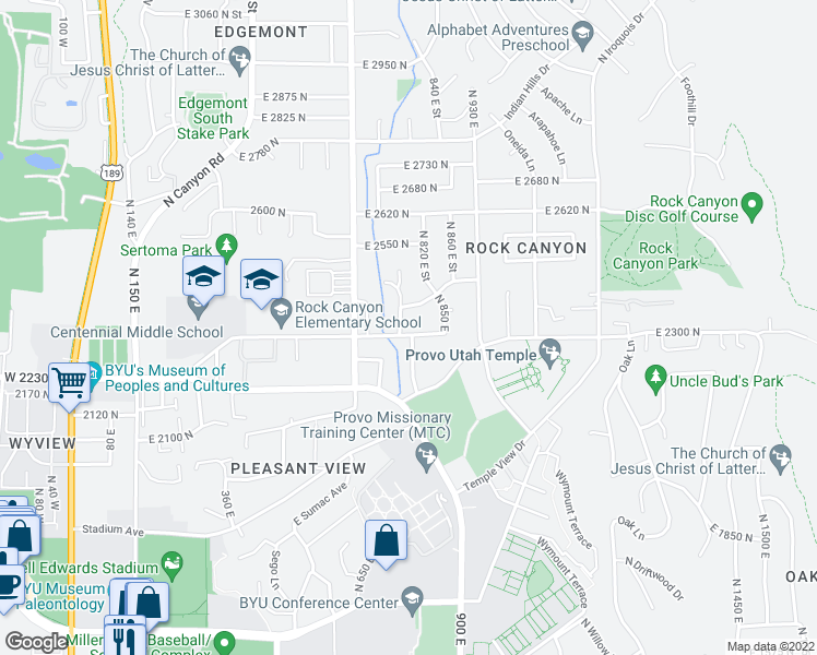 map of restaurants, bars, coffee shops, grocery stores, and more near 2332 North 750 East Street in Provo