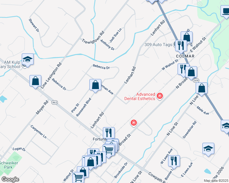map of restaurants, bars, coffee shops, grocery stores, and more near 2206 Lenhart Road in Colmar