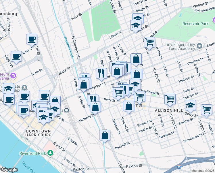 map of restaurants, bars, coffee shops, grocery stores, and more near 21 South Summit Street in Harrisburg