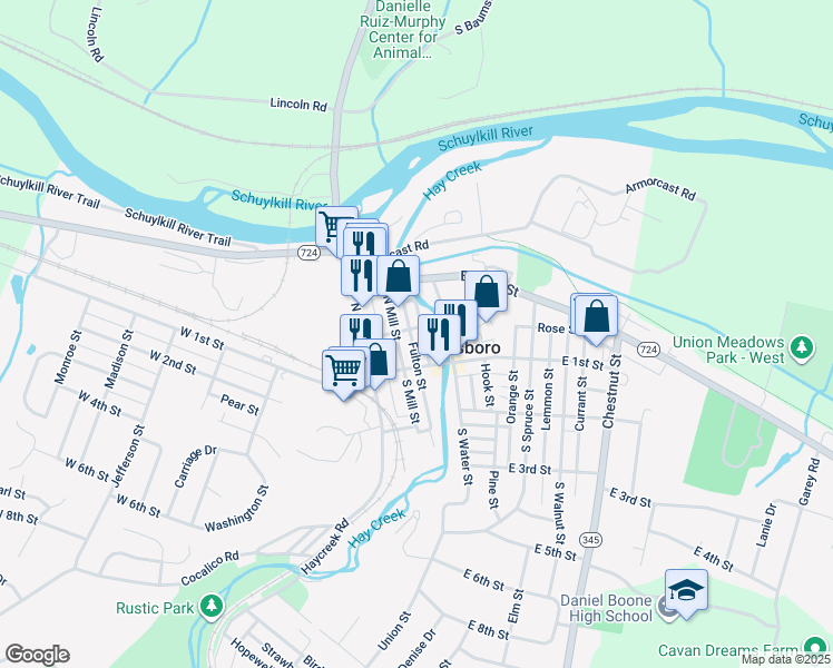 map of restaurants, bars, coffee shops, grocery stores, and more near 118 Cinder Street in Birdsboro