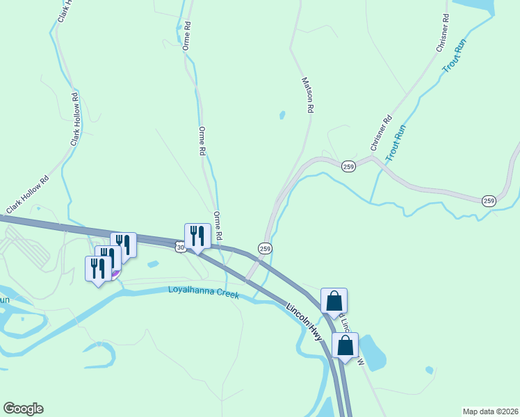 map of restaurants, bars, coffee shops, grocery stores, and more near 9 Matson Road in Ligonier
