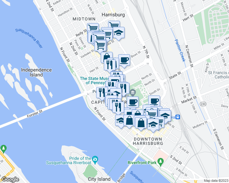 map of restaurants, bars, coffee shops, grocery stores, and more near 254 North Street in Harrisburg