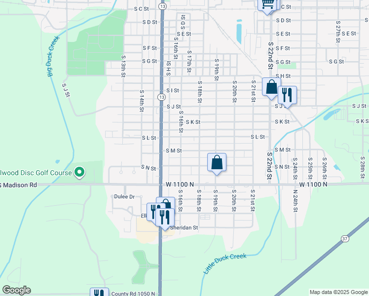 map of restaurants, bars, coffee shops, grocery stores, and more near 1527 South M Street in Elwood