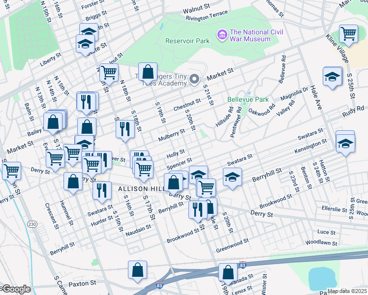 map of restaurants, bars, coffee shops, grocery stores, and more near 1920 Holly Street in Harrisburg