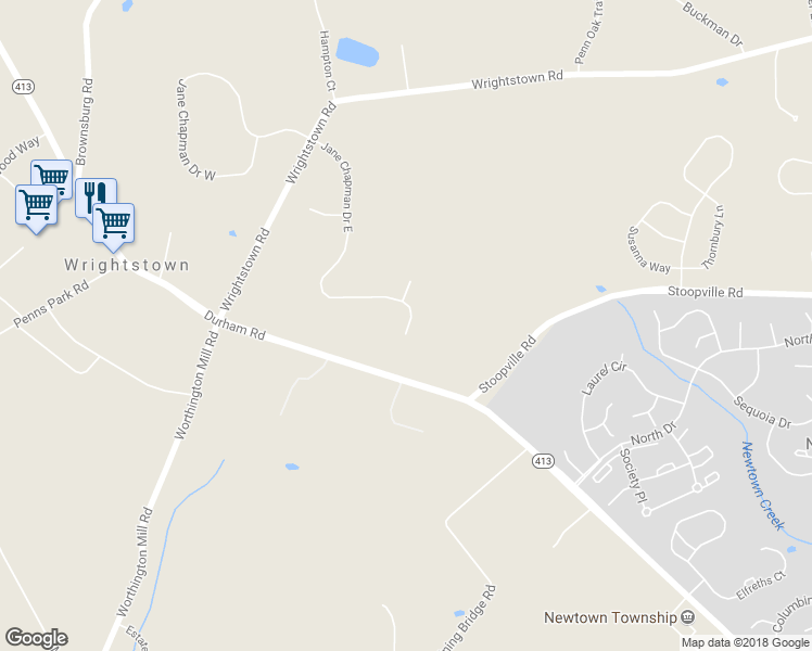 map of restaurants, bars, coffee shops, grocery stores, and more near 285 Jane Chapman Drive East in Newtown