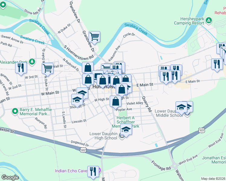 map of restaurants, bars, coffee shops, grocery stores, and more near 1 East Main Street in Hummelstown