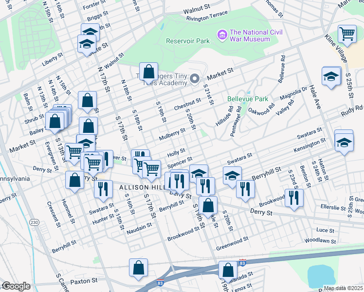 map of restaurants, bars, coffee shops, grocery stores, and more near 1914 Ellsworth Alley in Harrisburg