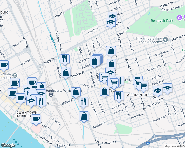 map of restaurants, bars, coffee shops, grocery stores, and more near 1220 Chestnut Street in Harrisburg