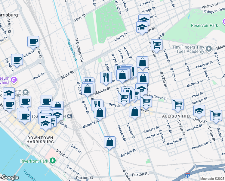 map of restaurants, bars, coffee shops, grocery stores, and more near 21 South Summit Street in Harrisburg