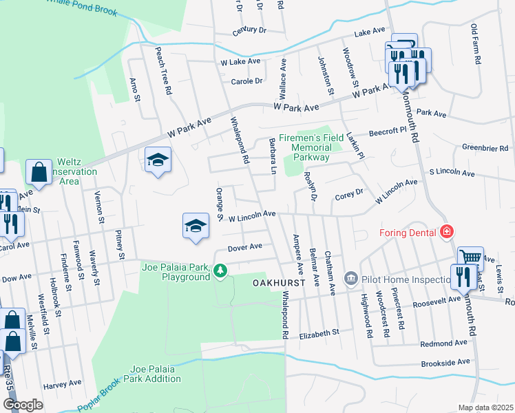map of restaurants, bars, coffee shops, grocery stores, and more near 120 Whalepond Road in Ocean Township