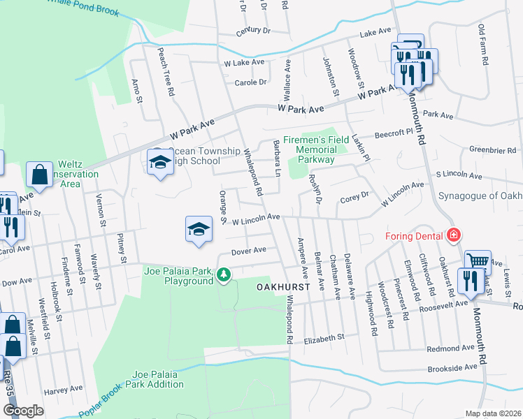 map of restaurants, bars, coffee shops, grocery stores, and more near 128 Whalepond Road in Monmouth County