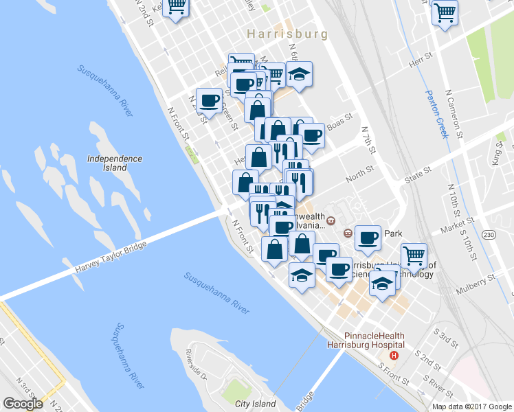 map of restaurants, bars, coffee shops, grocery stores, and more near 803 North 2nd Street in Harrisburg