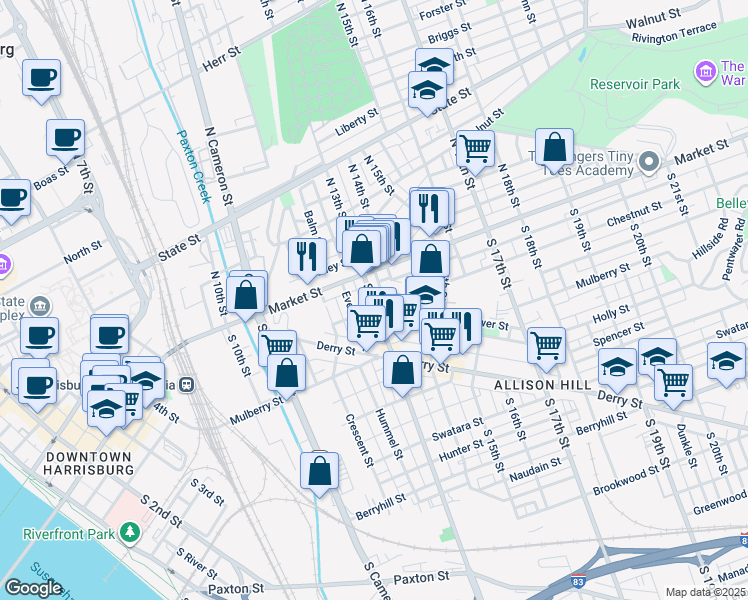 map of restaurants, bars, coffee shops, grocery stores, and more near 23 South 13th Street in Harrisburg