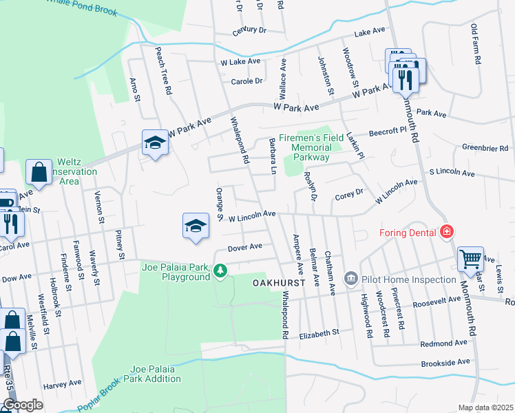 map of restaurants, bars, coffee shops, grocery stores, and more near 120 Whalepond Road in Ocean Township