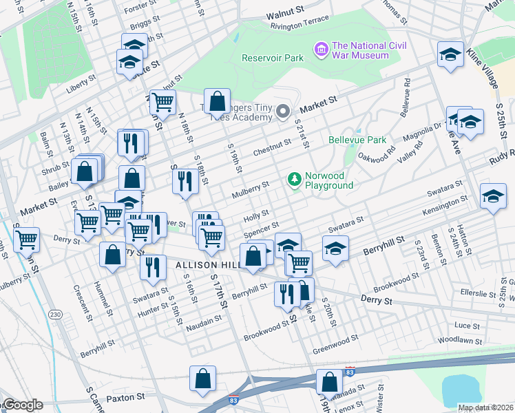 map of restaurants, bars, coffee shops, grocery stores, and more near 231 South 19th Street in Harrisburg
