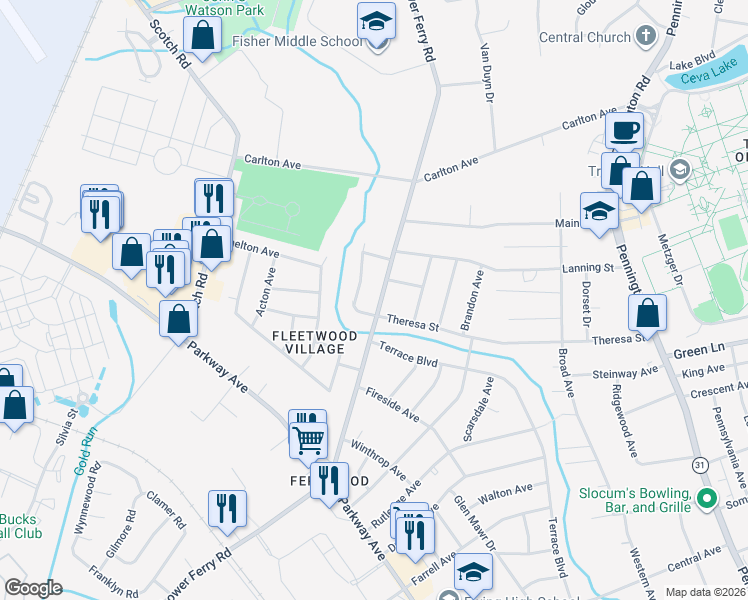 map of restaurants, bars, coffee shops, grocery stores, and more near 3 Great Woods Drive in Ewing Township
