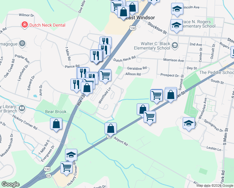 map of restaurants, bars, coffee shops, grocery stores, and more near 45 Winchester Drive in East Windsor