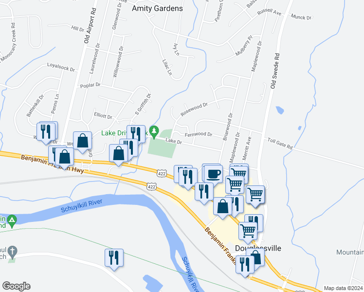 map of restaurants, bars, coffee shops, grocery stores, and more near 604 Lake Drive in Douglassville