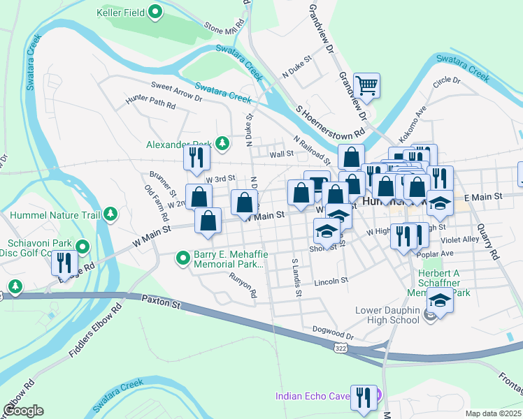 map of restaurants, bars, coffee shops, grocery stores, and more near 327 West Main Street in Hummelstown