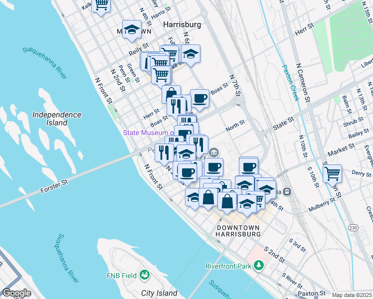 map of restaurants, bars, coffee shops, grocery stores, and more near in Harrisburg