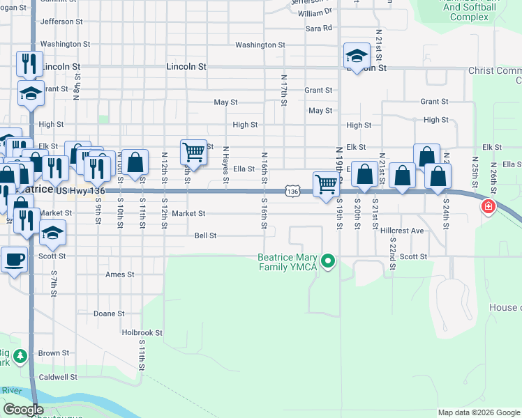 map of restaurants, bars, coffee shops, grocery stores, and more near 1603 Market Street in Beatrice