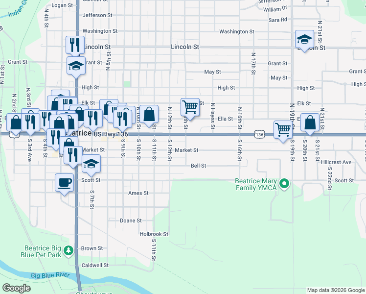 map of restaurants, bars, coffee shops, grocery stores, and more near 1211 Market Street in Beatrice