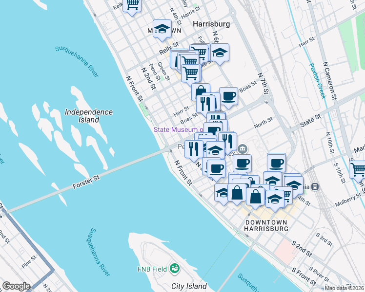 map of restaurants, bars, coffee shops, grocery stores, and more near 812 North 2nd Street in Harrisburg