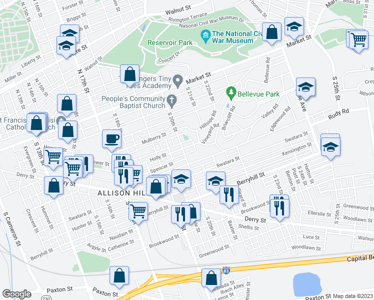 map of restaurants, bars, coffee shops, grocery stores, and more near 2009 Holly Street in Harrisburg
