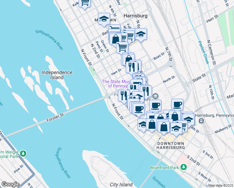 map of restaurants, bars, coffee shops, grocery stores, and more near 812 North 2nd Street in Harrisburg