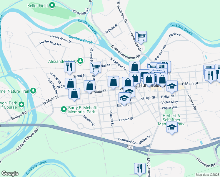 map of restaurants, bars, coffee shops, grocery stores, and more near 288 West Main Street in Hummelstown