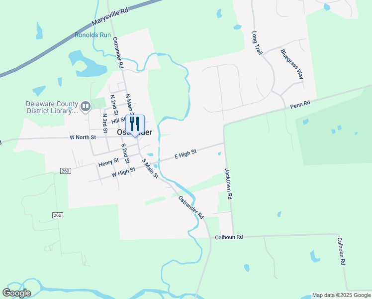 map of restaurants, bars, coffee shops, grocery stores, and more near 215 West High Street in Ostrander