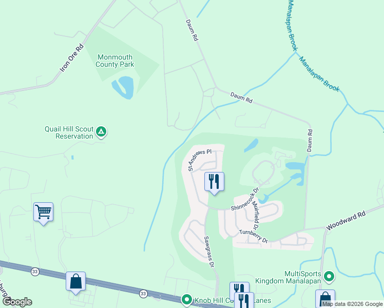 map of restaurants, bars, coffee shops, grocery stores, and more near 580 Saint Andrews Place in Manalapan Township