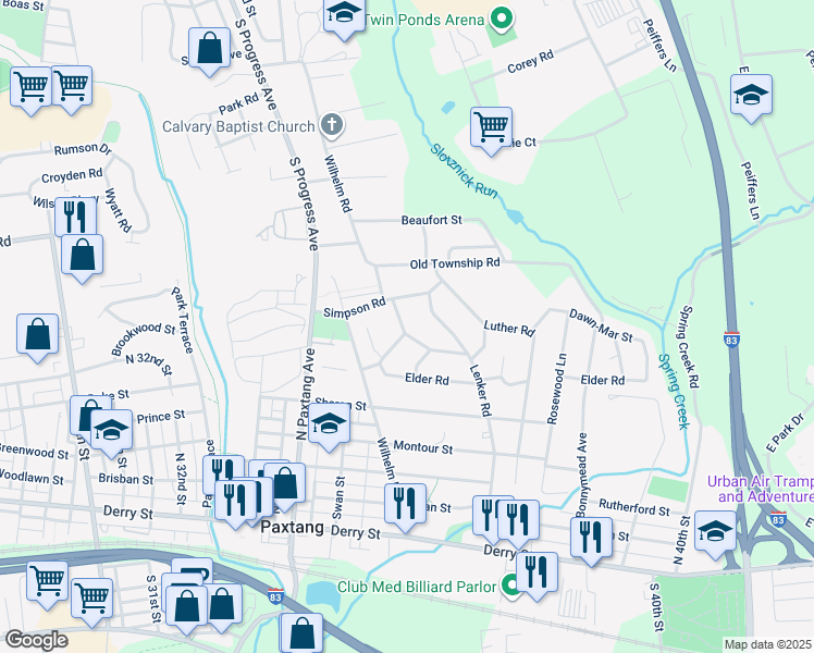 map of restaurants, bars, coffee shops, grocery stores, and more near 611 Central Terrace in Harrisburg