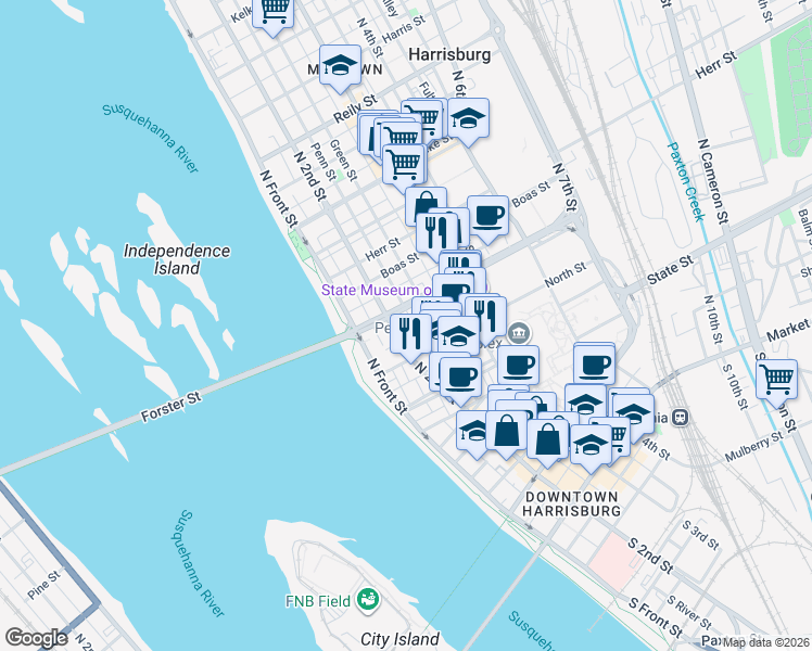 map of restaurants, bars, coffee shops, grocery stores, and more near 214 Briggs Street in Harrisburg