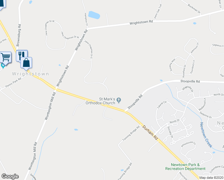 map of restaurants, bars, coffee shops, grocery stores, and more near 284 Jane Chapman Drive East in Newtown