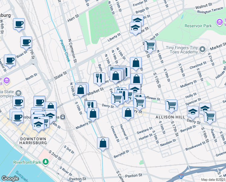 map of restaurants, bars, coffee shops, grocery stores, and more near 19 Evergreen Street in Harrisburg