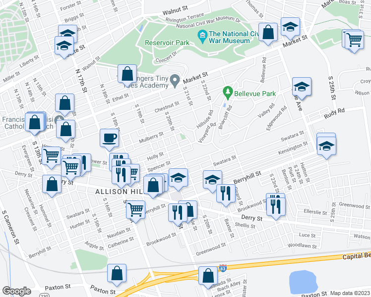 map of restaurants, bars, coffee shops, grocery stores, and more near 2013 Holly Street in Harrisburg