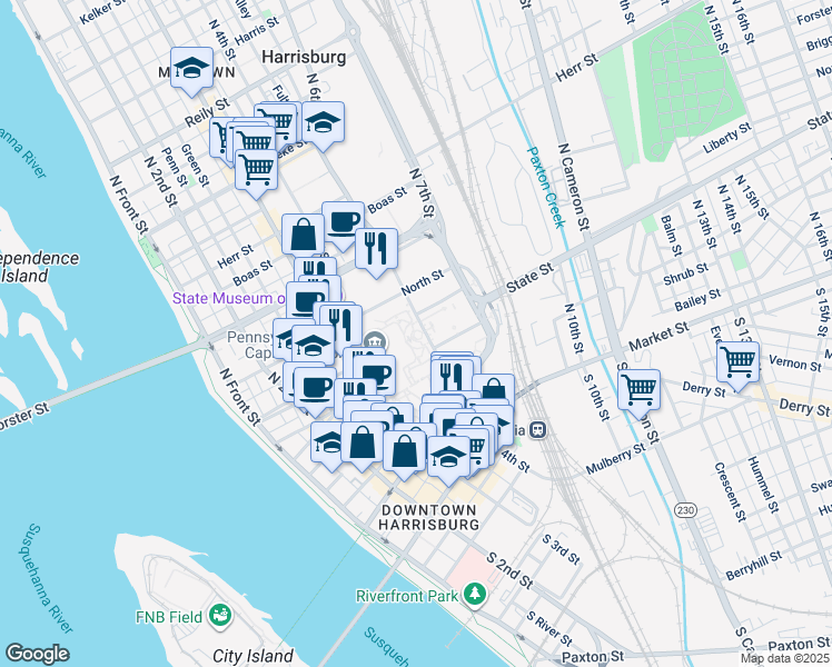 map of restaurants, bars, coffee shops, grocery stores, and more near in Harrisburg