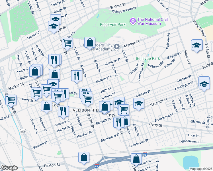 map of restaurants, bars, coffee shops, grocery stores, and more near 229 S 19th St in Harrisburg