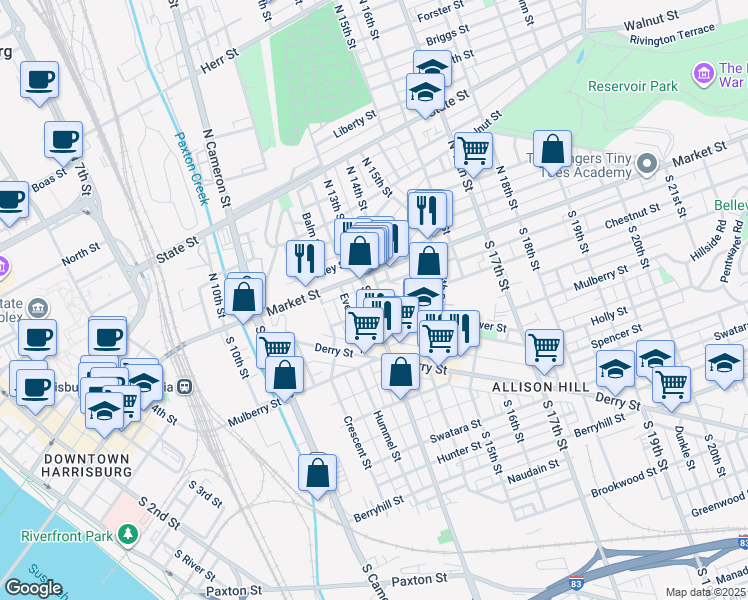 map of restaurants, bars, coffee shops, grocery stores, and more near 23 South 13th Street in Harrisburg