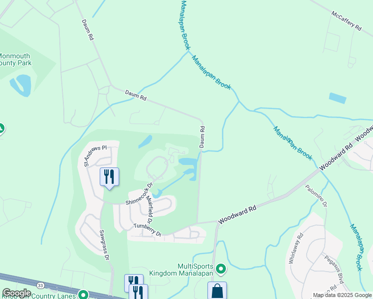 map of restaurants, bars, coffee shops, grocery stores, and more near 157 Shinnecock Drive in Manalapan Township