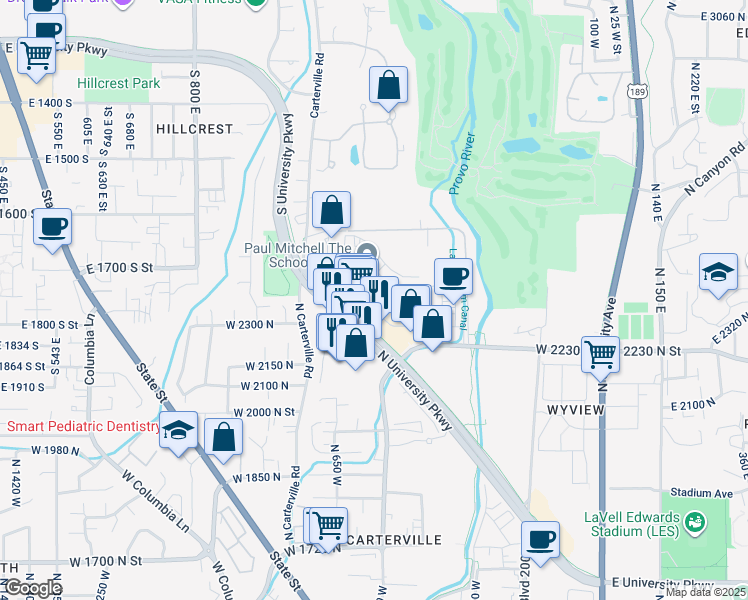 map of restaurants, bars, coffee shops, grocery stores, and more near 2300 North University Parkway in Provo