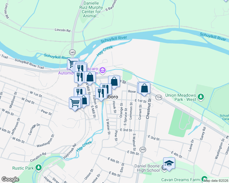 map of restaurants, bars, coffee shops, grocery stores, and more near 507 East 1st Street in Birdsboro