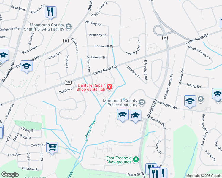 map of restaurants, bars, coffee shops, grocery stores, and more near 507 Harding Road in Freehold