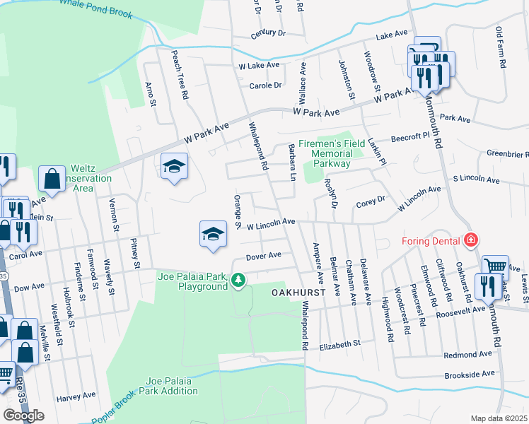 map of restaurants, bars, coffee shops, grocery stores, and more near 128 Whalepond Road in Monmouth County