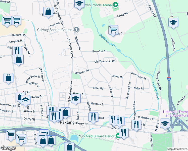 map of restaurants, bars, coffee shops, grocery stores, and more near 611 Central Terrace in Harrisburg