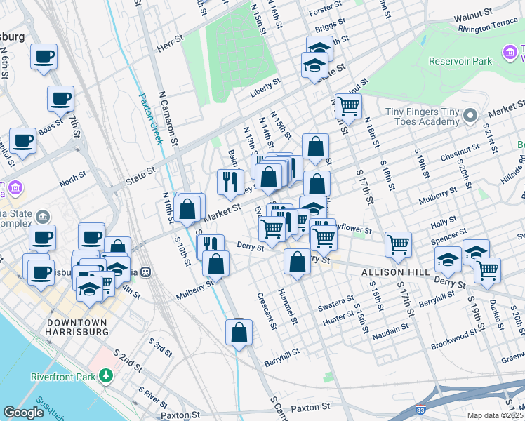 map of restaurants, bars, coffee shops, grocery stores, and more near 19 Evergreen Street in Harrisburg